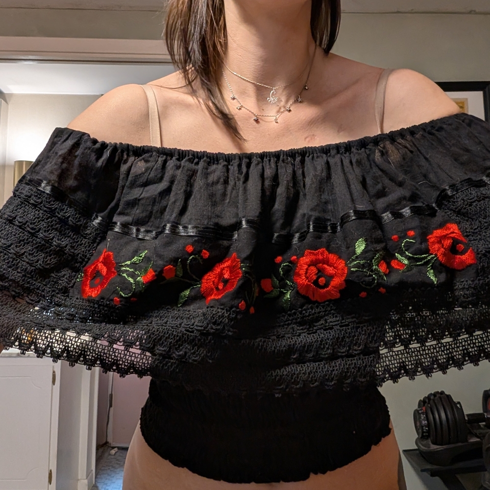 Black Off-Shoulder Top with Red Floral Embroidery